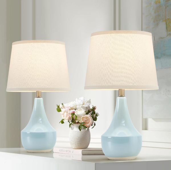 Set of 2 classic ceramic table lamps with rocker switch in sky blue, bedside lamps for living room, bedroom and office